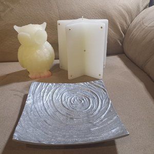 1 owl candle, 1 star candle with gold & 1 silver candle holder